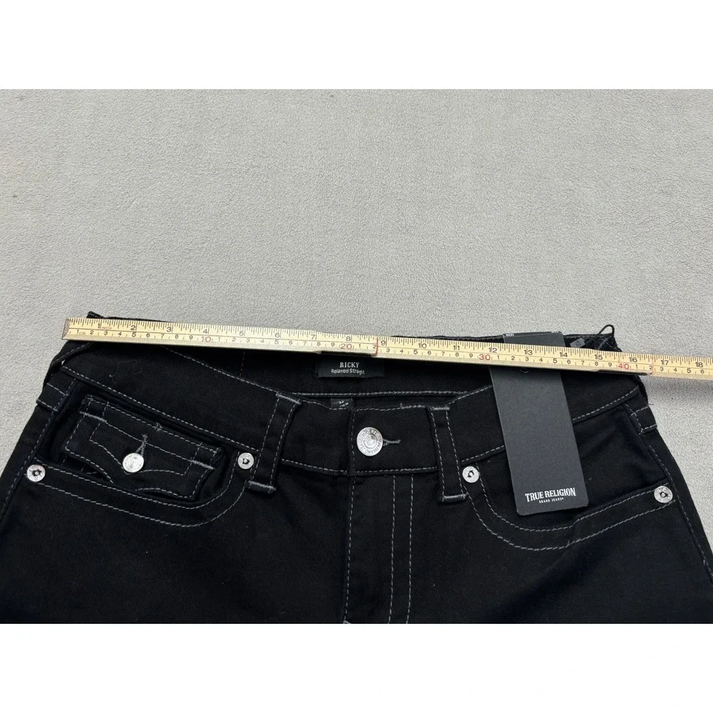 NEW True Religion Ricky Relaxed Straight Black Contrast Stitch Jeans 32x32